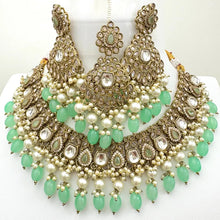 Mint Green Antique Polki Kundan Pearl Necklace with earrings and tikka, bridal necklace, Indian Punjabi Pakistani Wedding Jewelry