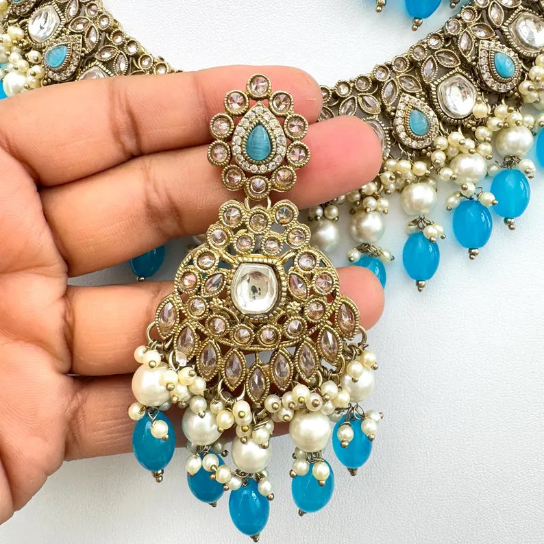 Aqua Blue Antique Polki Kundan Choker Necklace, Kundan Choker, Indian jewelry, Pakistani necklace, Punjabi , bridal,Indian wedding
