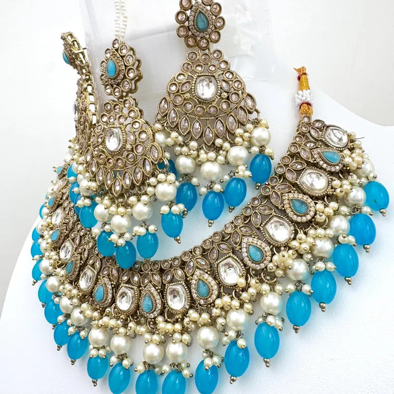Aqua Blue Antique Polki Kundan Choker Necklace, Kundan Choker, Indian jewelry, Pakistani necklace, Punjabi , bridal,Indian wedding