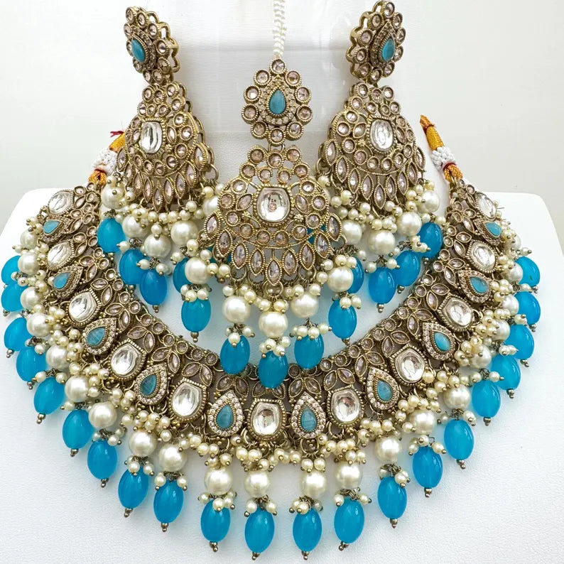 Aqua Blue Antique Polki Kundan Choker Necklace, Kundan Choker, Indian jewelry, Pakistani necklace, Punjabi , bridal,Indian wedding