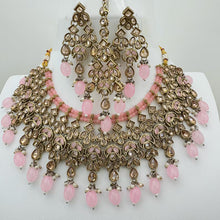 Pink Antique Polki Kundan Pearl Necklace with earrings and tikka, bridal necklace, Indian Pakistani Wedding Jewelry