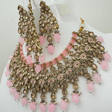 Pink Antique Polki Kundan Pearl Necklace with earrings and tikka, bridal necklace, Indian Pakistani Wedding Jewelry