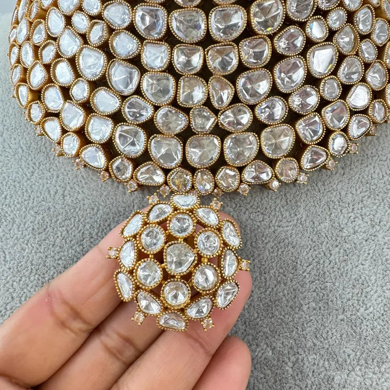 White Bridal Mossinate Polki Kundan Victorian Necklace, Sabyasachi Necklace, Wedding necklace, Semi Precious Jewelry, Bollywood Celebrity