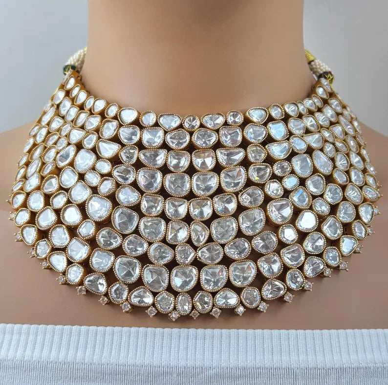 White Bridal Mossinate Polki Kundan Victorian Necklace, Sabyasachi Necklace, Wedding necklace, Semi Precious Jewelry, Bollywood Celebrity