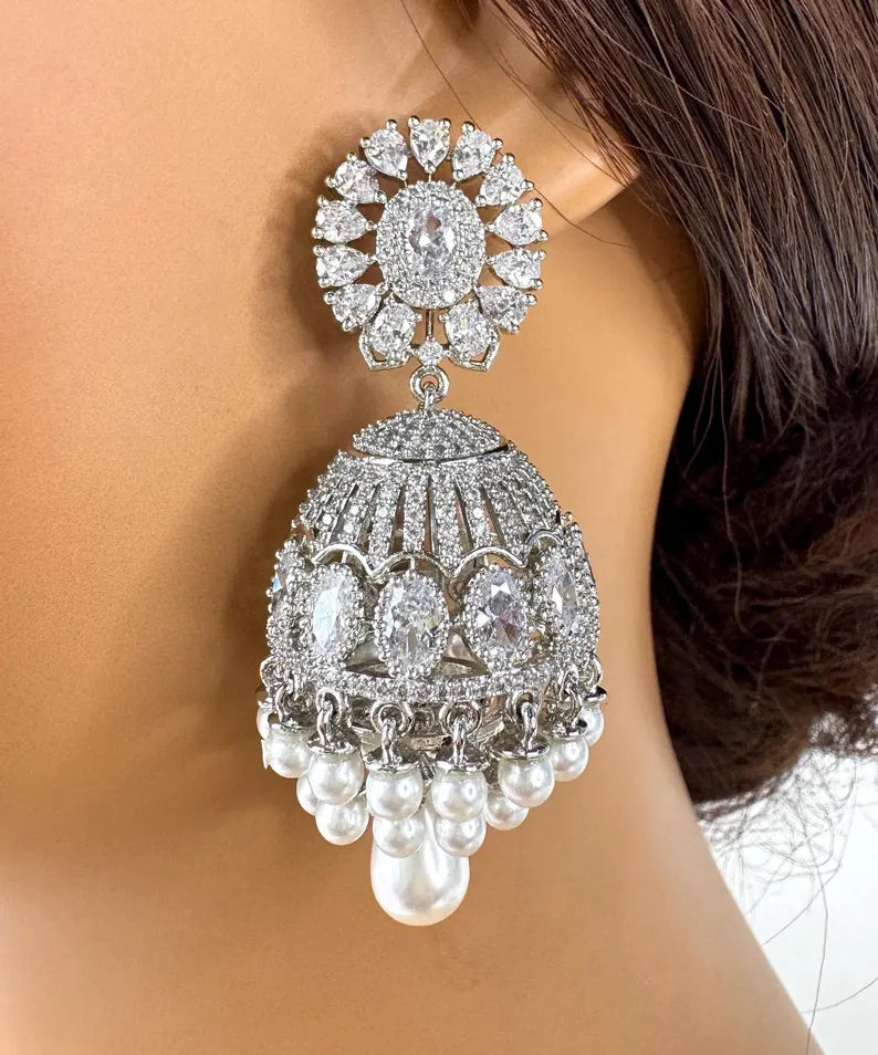 Cubic Zirconia Pearl Jhumki With 2 Tone Rhodium Plating, CZ diamond Jhumka/CZ Indian Jhumka/Pakistani Jewelry/Indian wedding/Gift for her