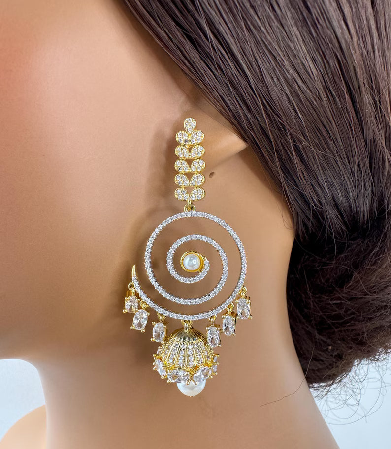 2 Tone Gold American Diamond earrings/Indian Jewelry/Pakistani Jewelry/Indian CZ earrings/AD earrings/Statement earrings/Gift for her