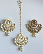 Gold Kundan Tikka w/Earring Set Indian Bridal Maang Tikka Headpiece Handmade Pearl Jewelry For Women Bollywood Bridesmaid Gifts