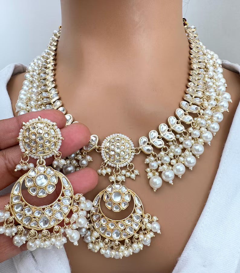 White Pearl Kundan Necklace Set/ Kundan Jewelry/ Bollywood Jewelry/ Indian Jewelry/ Pakistani necklace/Punjabi/bridal /Indian wedding