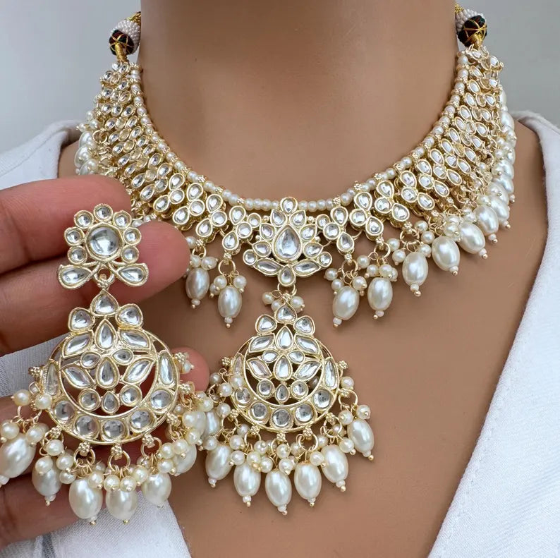 White Pearl Kundan Necklace Set/Kundan Bollywood Jewelry/Indian jewelry/ Pakistani necklace/ punjabi necklace/bridal necklace/indian wedding