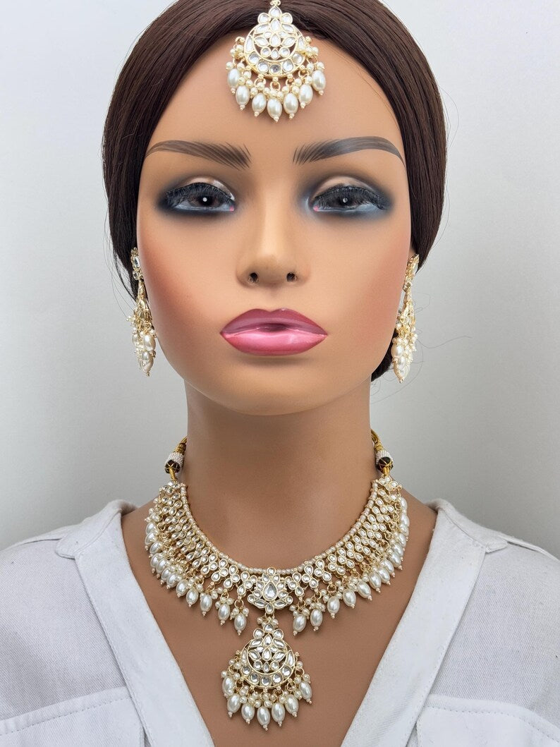 White Pearl Kundan Necklace Set/Kundan Bollywood Jewelry/Indian jewelry/ Pakistani necklace/ punjabi necklace/bridal necklace/indian wedding