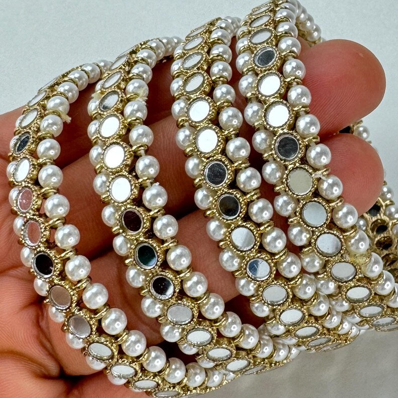 Antique Dull Gold Mirror Pearl Bangles Set(4 Pc)/Indian bangles/Punjabi Pearl bangles Set/Bridal bangles/wedding jewelry/Mirror Jewelry