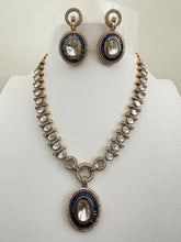 Blue Victorian Moissanite Necklace, Semi-precious muti stones Pendant Necklace, Indian Bridal Jewelry, Bollywood Sabyasachi Necklace