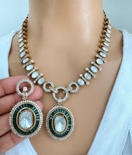Green Victorian Moissanite Necklace, Semi-precious muti stones Pendant Necklace, Indian Bridal Jewelry, Bollywood Sabyasachi Necklace