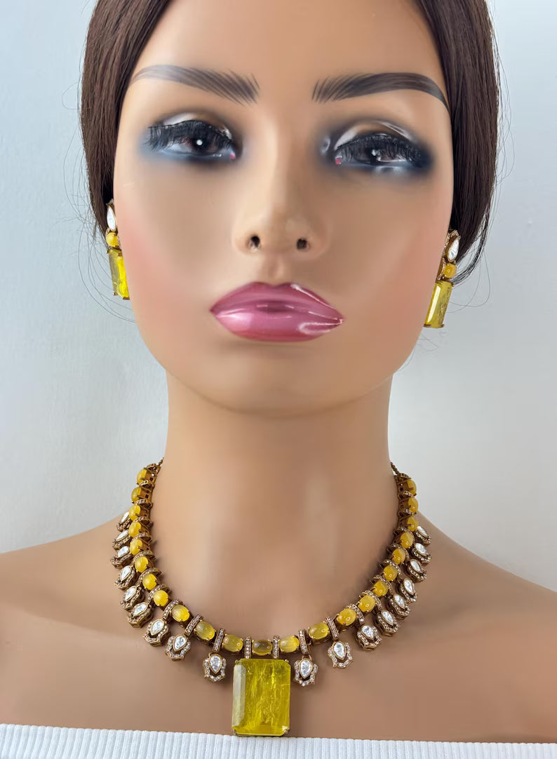 Yellow Doublet Victorian Moissanite polki Necklace,Sabyasachi Necklace, Statement Necklace, Semi Precious Necklace, Designer necklace