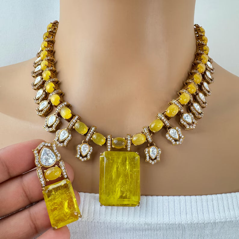 Yellow Doublet Victorian Moissanite polki Necklace,Sabyasachi Necklace, Statement Necklace, Semi Precious Necklace, Designer necklace