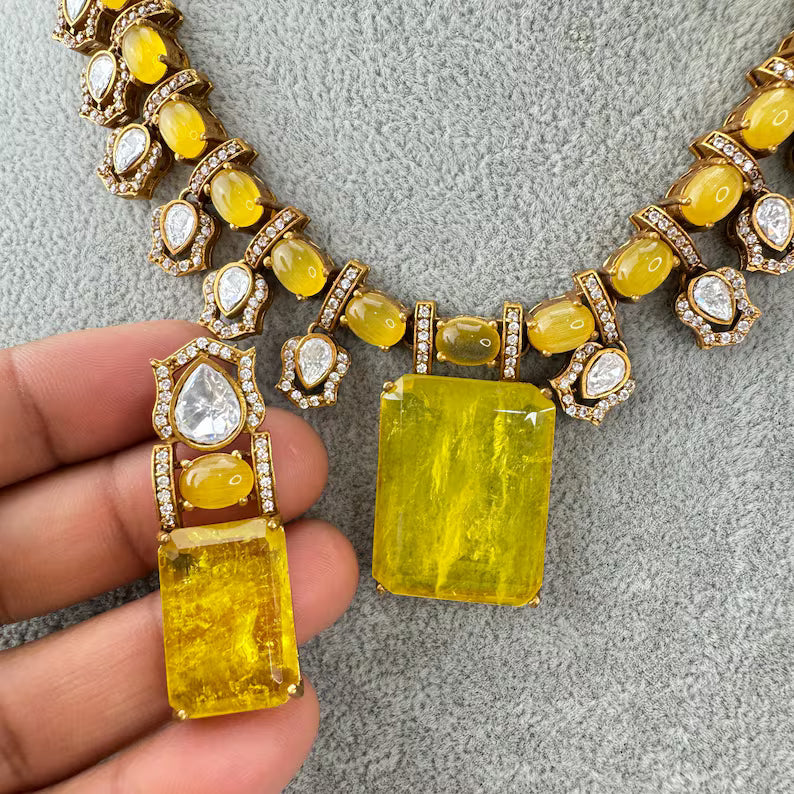 Yellow Doublet Victorian Moissanite polki Necklace,Sabyasachi Necklace, Statement Necklace, Semi Precious Necklace, Designer necklace