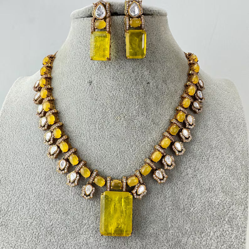 Yellow Doublet Victorian Moissanite polki Necklace,Sabyasachi Necklace, Statement Necklace, Semi Precious Necklace, Designer necklace