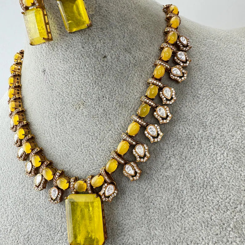 Yellow Doublet Victorian Moissanite polki Necklace,Sabyasachi Necklace, Statement Necklace, Semi Precious Necklace, Designer necklace