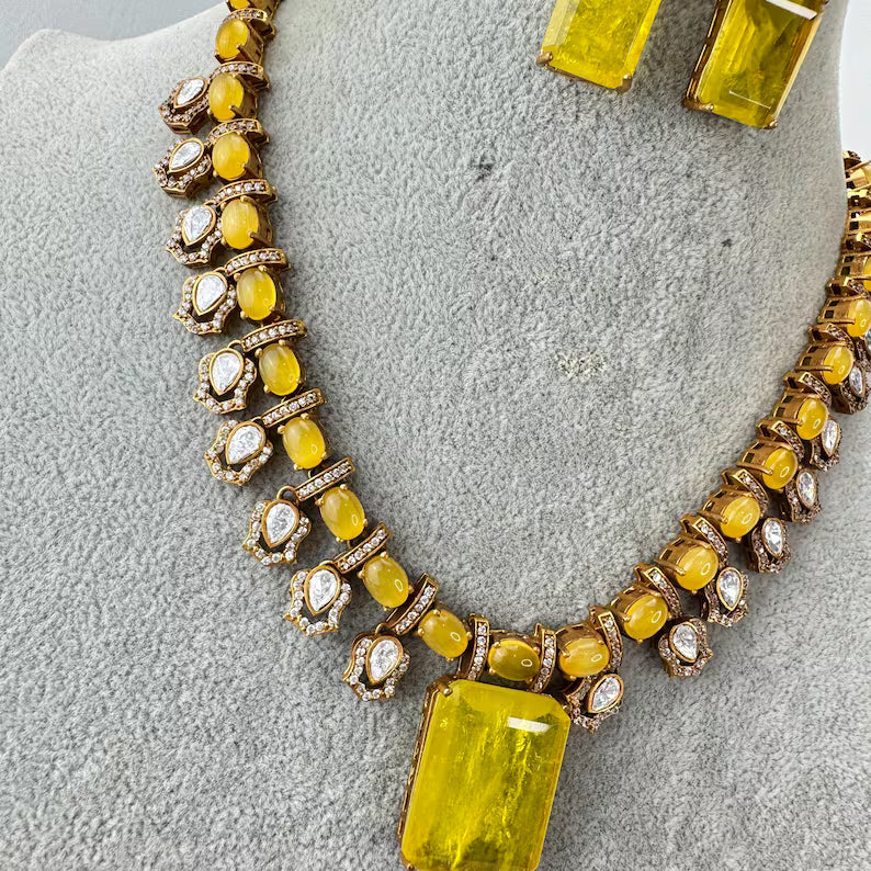 Yellow Doublet Victorian Moissanite polki Necklace,Sabyasachi Necklace, Statement Necklace, Semi Precious Necklace, Designer necklace