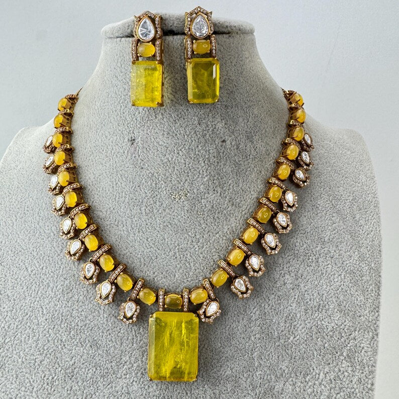 Yellow Doublet Victorian Moissanite polki Necklace,Sabyasachi Necklace, Statement Necklace, Semi Precious Necklace, Designer necklace