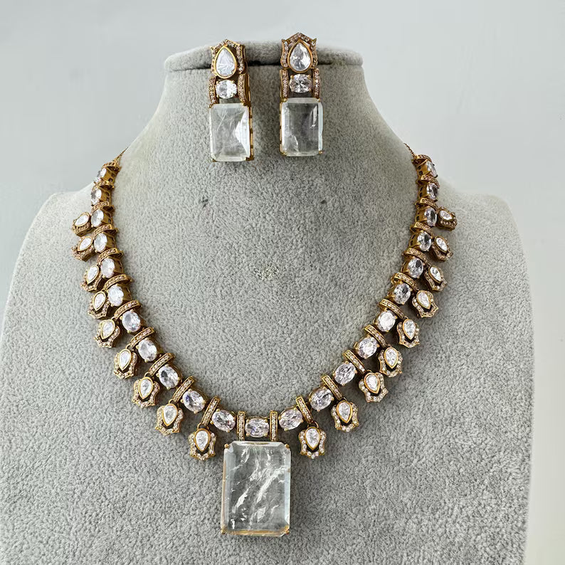 White Doublet Victorian Moissanite polki Necklace,Sabyasachi Necklace, Statement Necklace, Semi Precious Necklace, Designer necklace