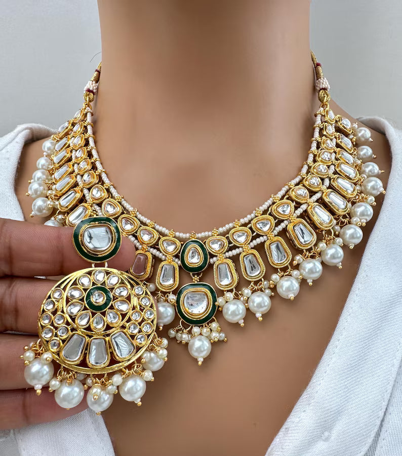 White Pearl Kundan Necklace Set/Kundan Choker/ Bollywood Jewelry/ Indian Pakistani necklace/ punjabi necklace/bridal necklace/indian wedding