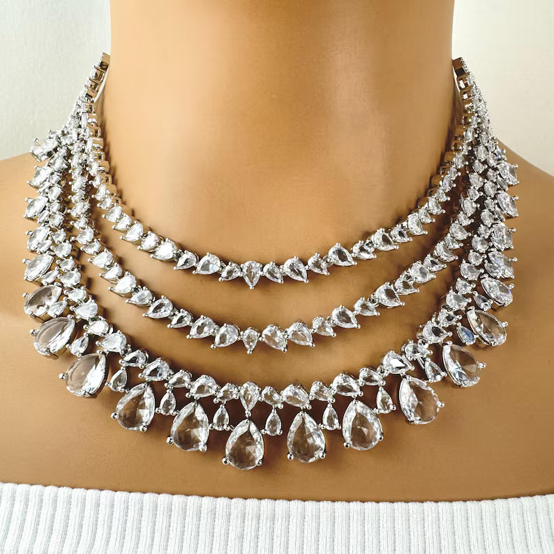 White CZ diamond Triple Layered bridal necklace, American Diamond wedding necklace, Cz jewelry, Indian, Pakistani,Punjabi wedding jewelry