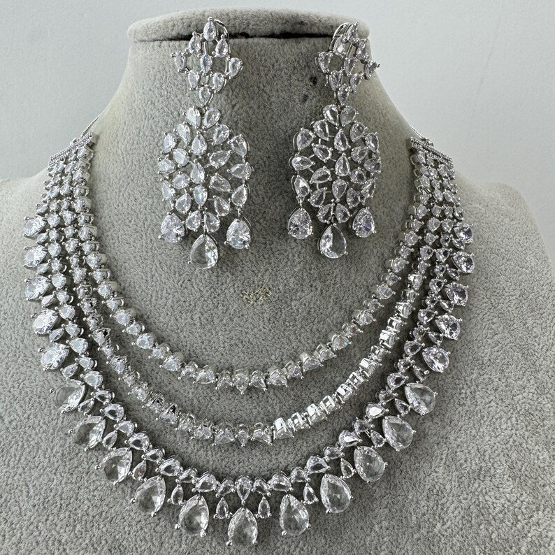 White CZ diamond Triple Layered bridal necklace, American Diamond wedding necklace, Cz jewelry, Indian, Pakistani,Punjabi wedding jewelry