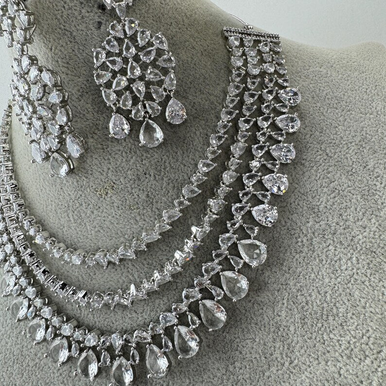 White CZ diamond Triple Layered bridal necklace, American Diamond wedding necklace, Cz jewelry, Indian, Pakistani,Punjabi wedding jewelry