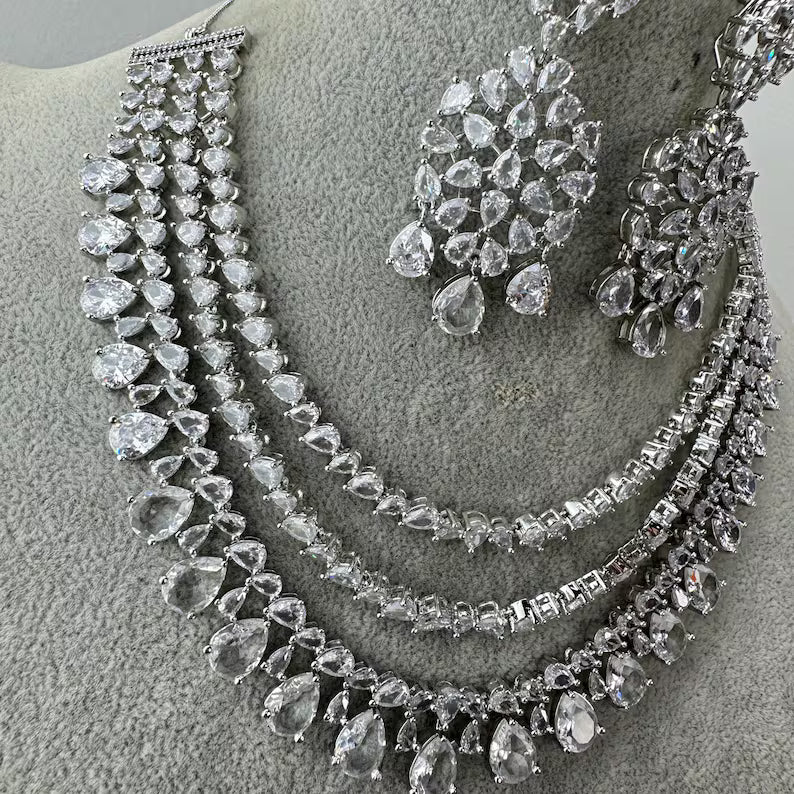 White CZ diamond Triple Layered bridal necklace, American Diamond wedding necklace, Cz jewelry, Indian, Pakistani,Punjabi wedding jewelry