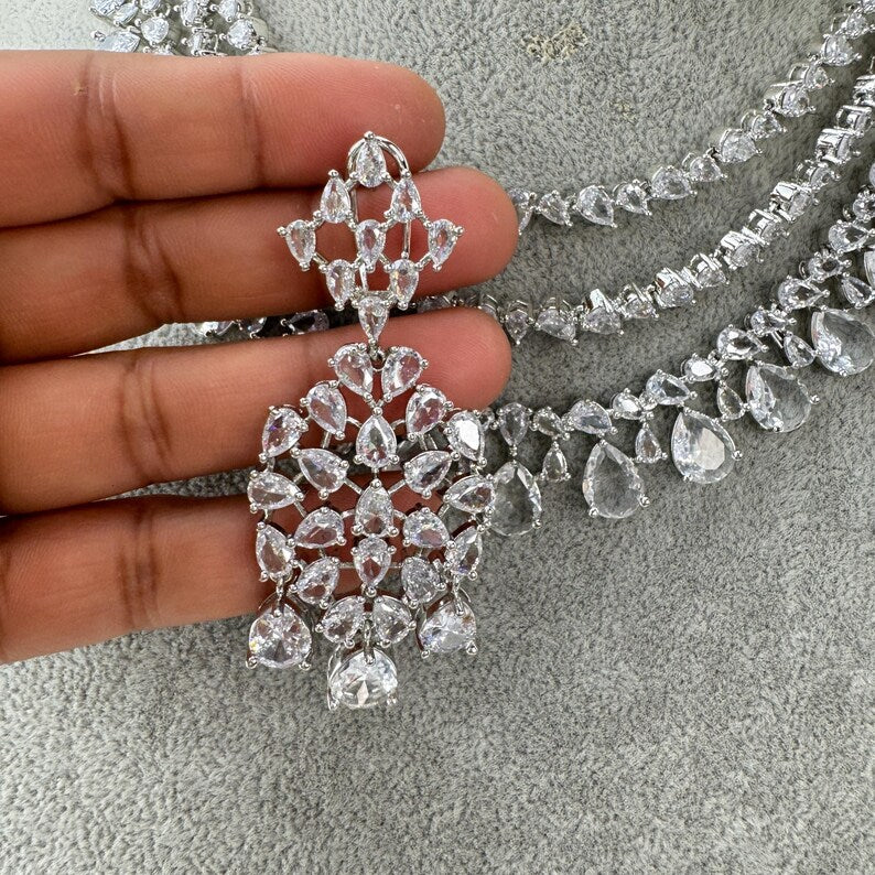 White CZ diamond Triple Layered bridal necklace, American Diamond wedding necklace, Cz jewelry, Indian, Pakistani,Punjabi wedding jewelry