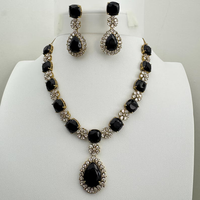 Black TearDrop CZ diamond Necklace, Indian CZ diamond, Prom Jewelry, Mother of the Bride Teardrop Necklace, Bridesmaid, Graduation gift