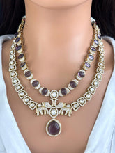 Purple Victorian Moissanite Polki CZ Diamond Layered Necklace, Semi-precious Pendant Necklace, Indian Bridal Jewelry,Sabyasachi Necklace