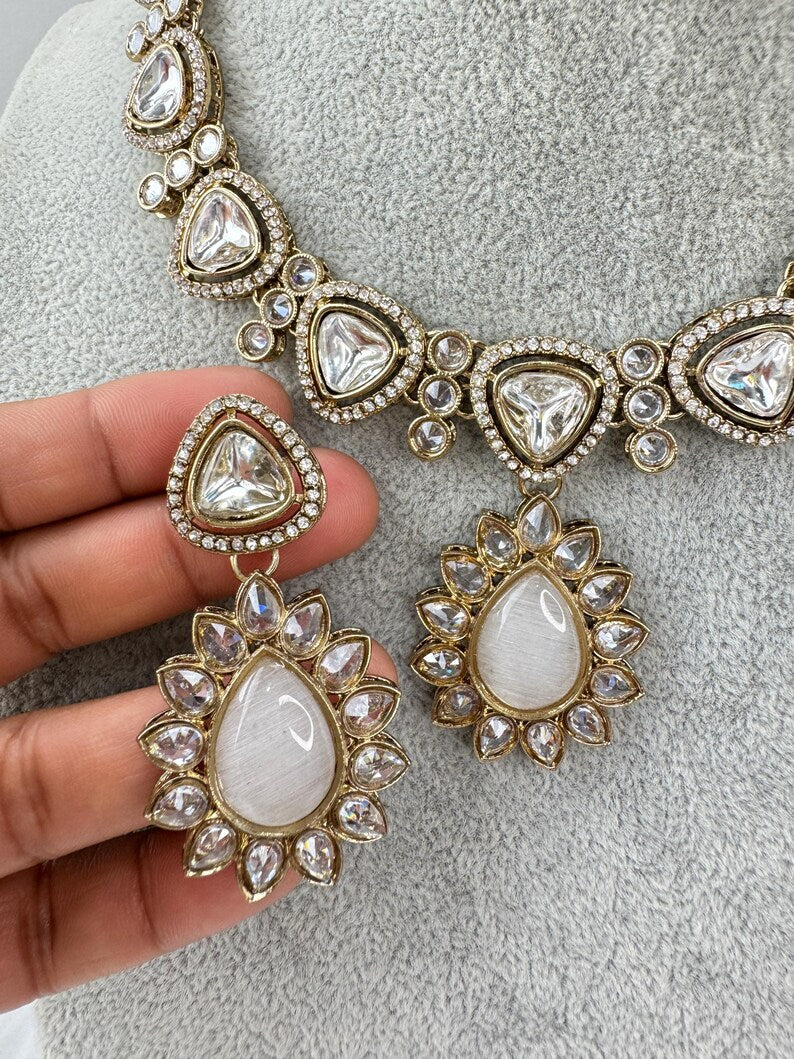 White Kundan Necklace Set, uncut Kundan Necklace, Indian Pakistani jewelry for wedding, Bridemaid jewelry, Indian Kundan necklace