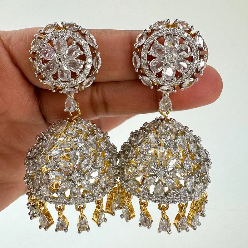CZ Diamond 2-Tone gold Jhumka/CZ Indian Jhumka/Indian Jewelry/Pakistani Jewelry/Indian Earring/Indian wedding/Gift for her