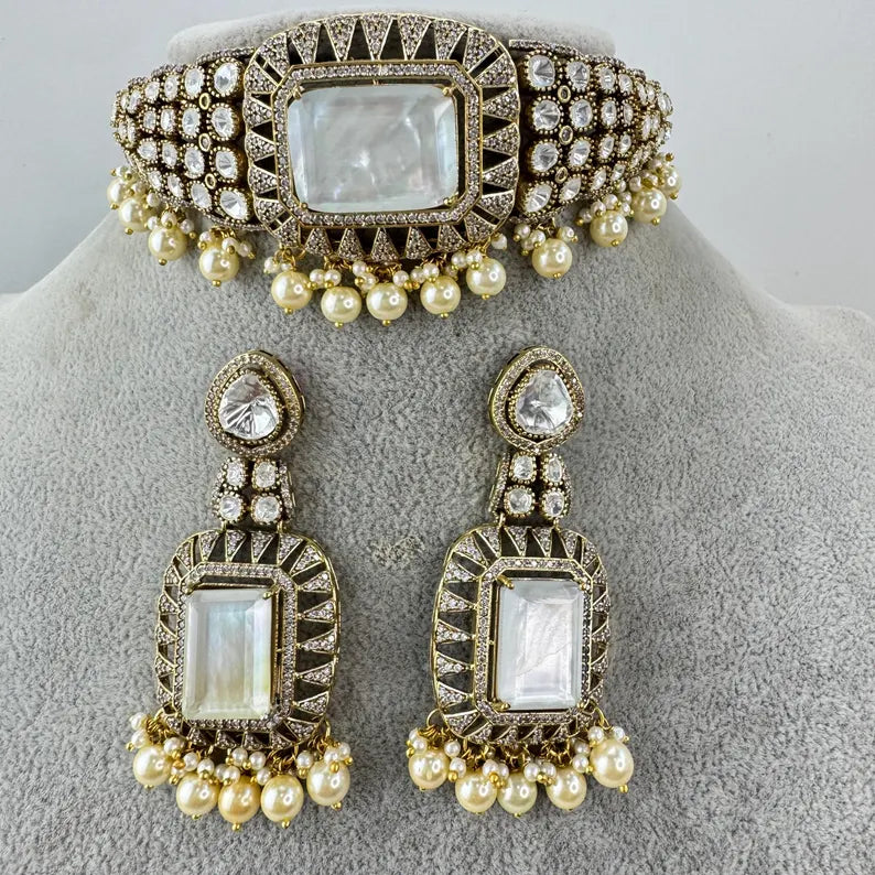 White MoP Moissanite Polki CZ Diamond Choker Necklace, Indian Jewelry,Sabyasachi Bridal Necklace,Designer Jewelry,Indian Wedding