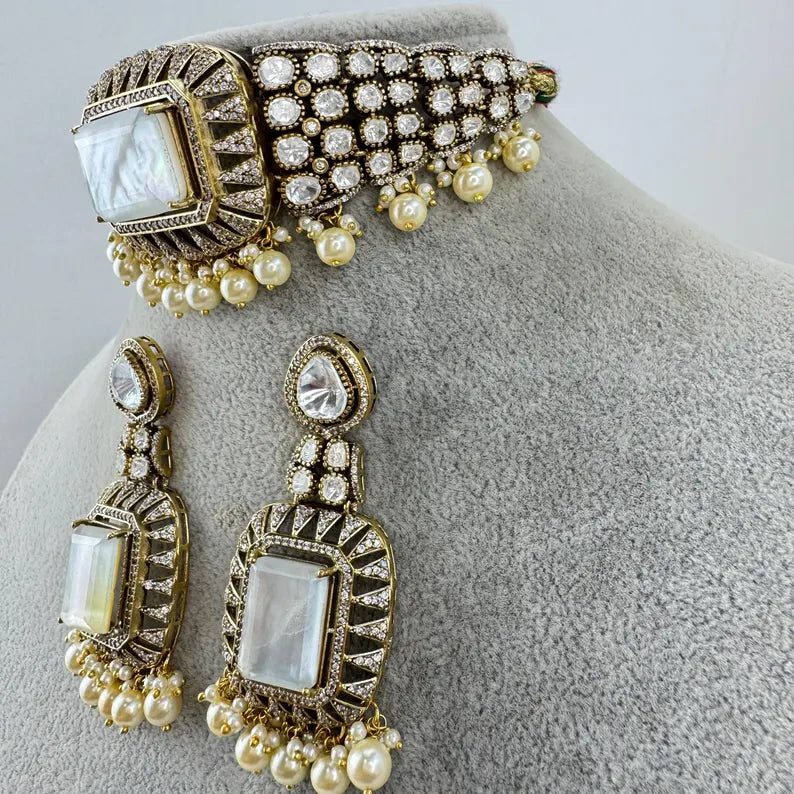 White MoP Moissanite Polki CZ Diamond Choker Necklace, Indian Jewelry,Sabyasachi Bridal Necklace,Designer Jewelry,Indian Wedding