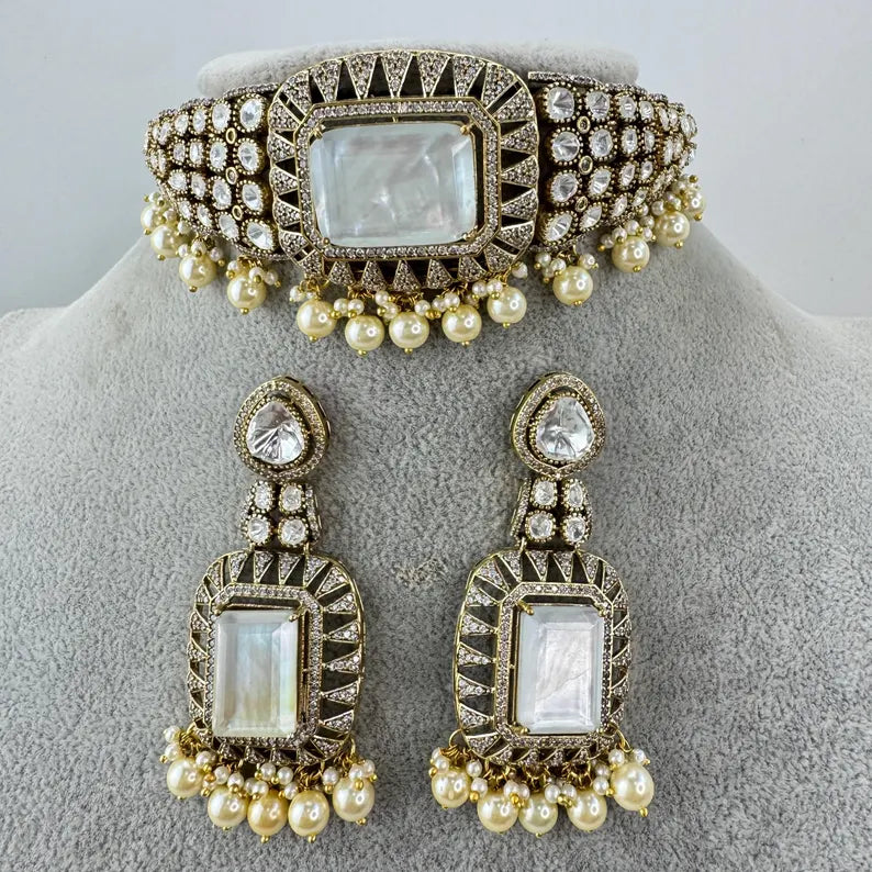 White MoP Moissanite Polki CZ Diamond Choker Necklace, Indian Jewelry,Sabyasachi Bridal Necklace,Designer Jewelry,Indian Wedding