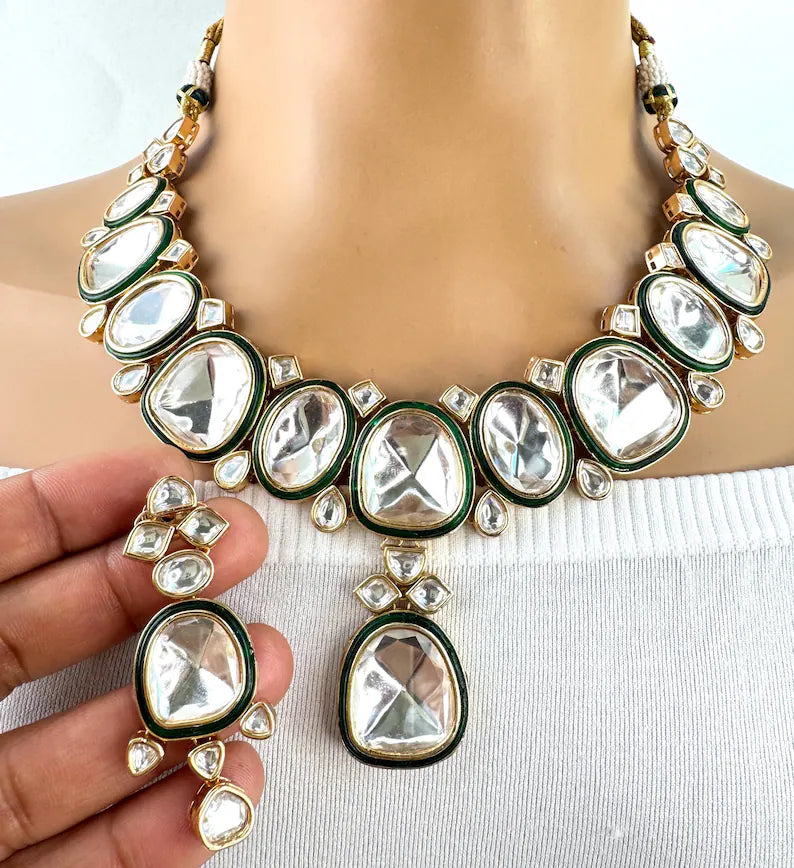 Emerald Big Fine Kundan Indian Bridal Necklace, Wedding necklace, Fine kundan jewelry, Pakistani Jewelry, Indian Jewelry, Bridal Jewelry