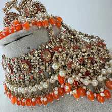 Orange Antique Shadow Stone Pearl Choker Necklace with earrings and tikka and Passa Bridal necklace Indian Pakistani Punjabi Wedding
