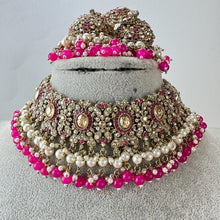 HotPink Rani Antique Shadow Stone Pearl Choker Necklace with earrings and tikka and Passa Bridal necklace Indian Pakistani Punjabi Wedding
