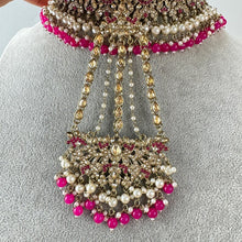 HotPink Rani Antique Shadow Stone Pearl Choker Necklace with earrings and tikka and Passa Bridal necklace Indian Pakistani Punjabi Wedding