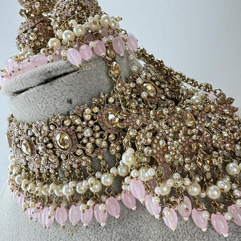 Baby Pink Antique Shadow Stone Pearl Choker Necklace with earrings and tikka and Passa Bridal necklace Indian Pakistani Punjabi Wedding