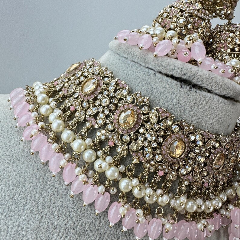 Baby Pink Antique Shadow Stone Pearl Choker Necklace with earrings and tikka and Passa Bridal necklace Indian Pakistani Punjabi Wedding