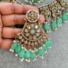 Mint Green Antique Shadow Stone Pearl Necklace with earrings and tikka and Passa Bridal necklace Indian Pakistani Punjabi Wedding Jewelry