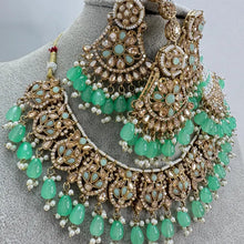 Mint Green Antique Shadow Stone Pearl Necklace with earrings and tikka and Passa Bridal necklace Indian Pakistani Punjabi Wedding Jewelry