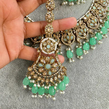 Mint Green Antique Shadow Stone Pearl Necklace with earrings and tikka and Passa Bridal necklace Indian Pakistani Punjabi Wedding Jewelry