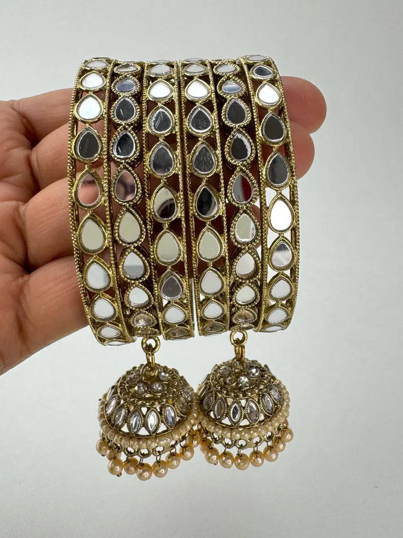 ANTIQUE Dull Gold Mirror Pearl Bangles Set/Punjabi Mirror chuda bangles set/Bridal bangles/Statement bangles/Indian Wedding /Chuda Set 6pc