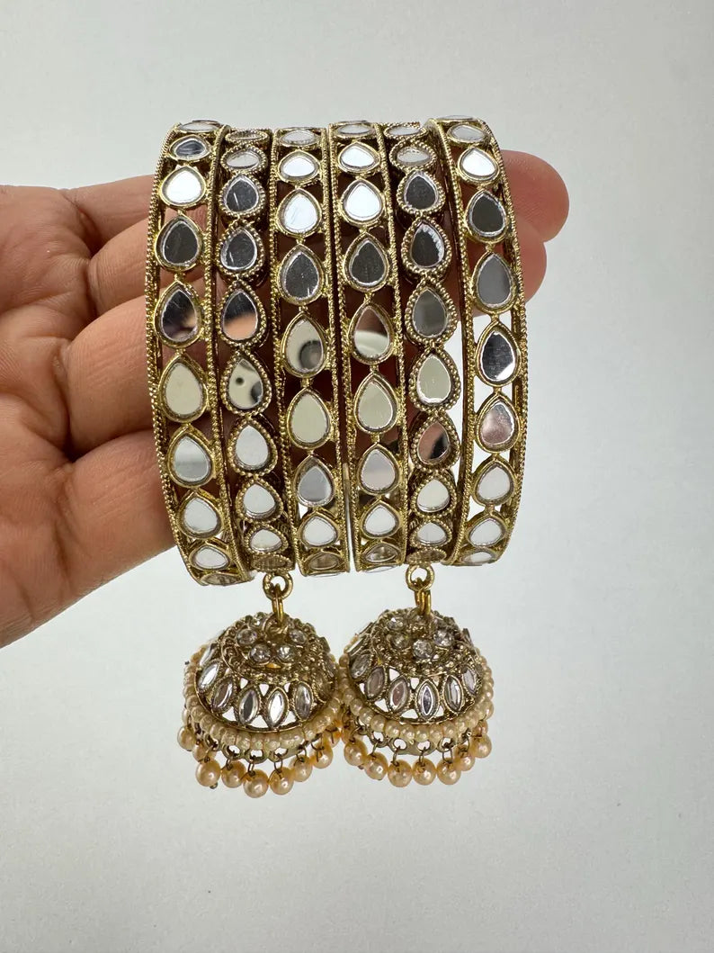 ANTIQUE Dull Gold Mirror Pearl Bangles Set/Punjabi Mirror chuda bangles set/Bridal bangles/Statement bangles/Indian Wedding /Chuda Set 6pc