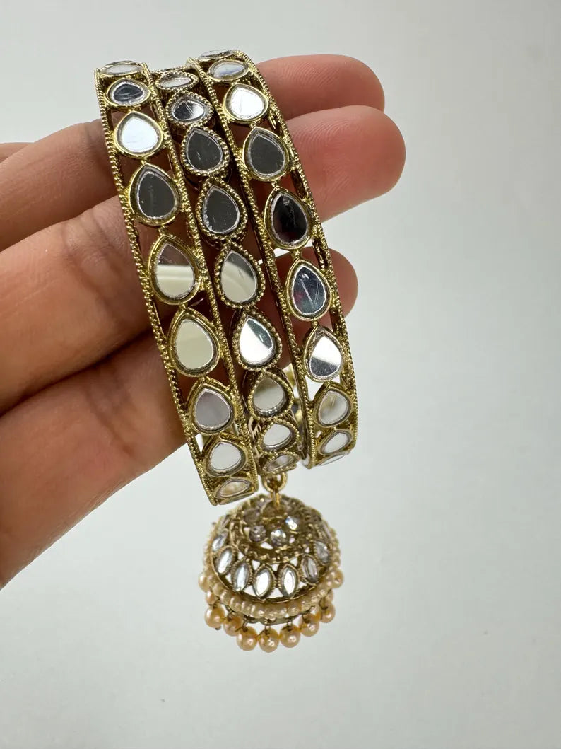 ANTIQUE Dull Gold Mirror Pearl Bangles Set/Punjabi Mirror chuda bangles set/Bridal bangles/Statement bangles/Indian Wedding /Chuda Set 6pc